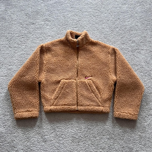 Nike Jackets & Blazers - Nike Sportswear Swoosh Faux Fur Sherpa Fleece Jacket Womens M Brown Full Zip